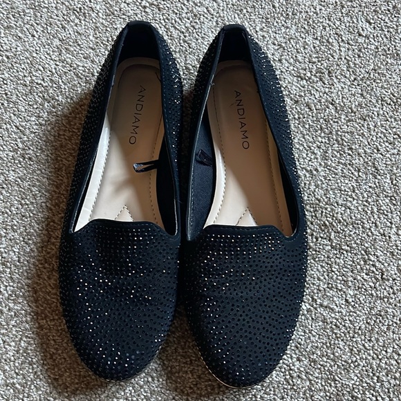 andiamo Shoes - Elegant Black Sparkle Loafer Flats with Gold Trim ✨👠